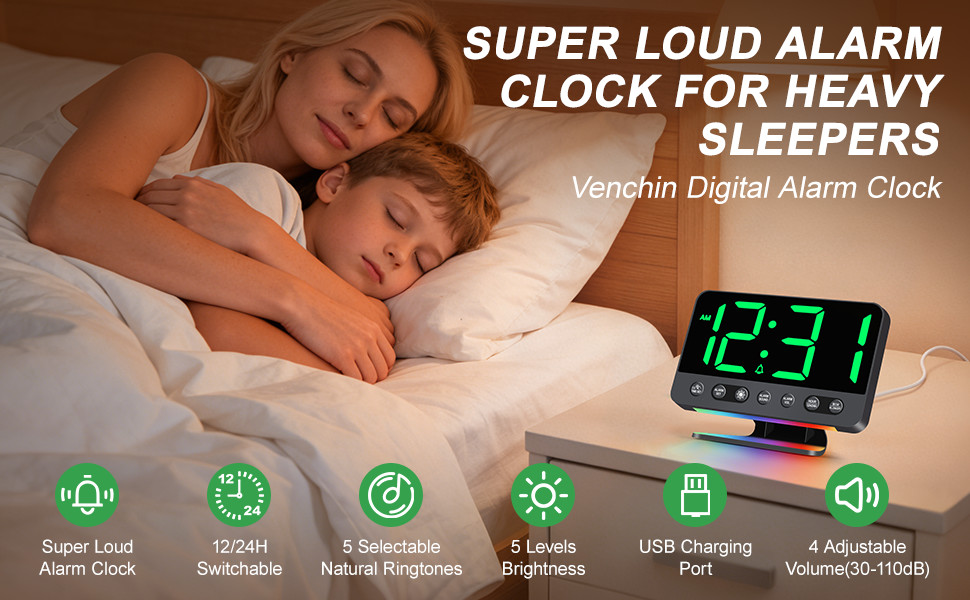 Цифровий будильник LED з RGB-підсвіткою, потужний сигнал 30-110 дБ для міцного сну, USB-порт, функція Snooze, настільний годинник (Зелений)