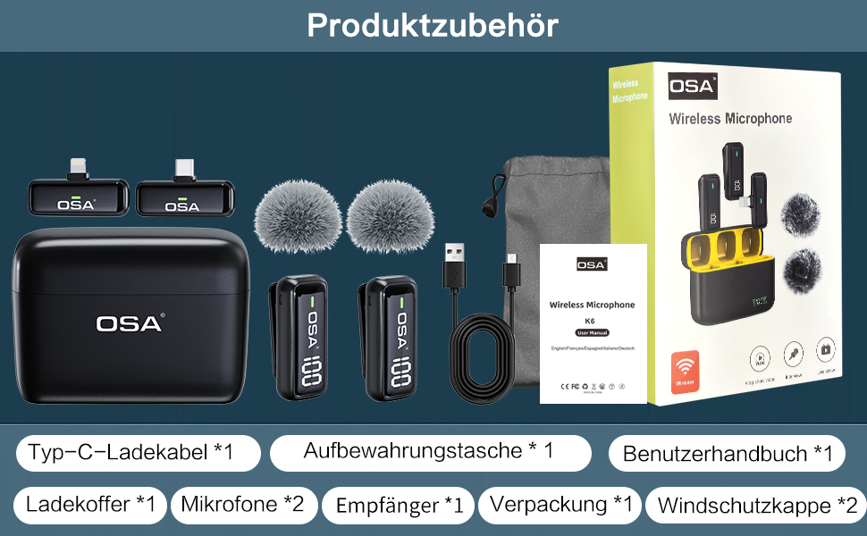 Бездротовий петличний мікрофон OSA: професійний комплект з двома мікрофонами, Plug-and-Play, для iPhone, Android, камери, ПК