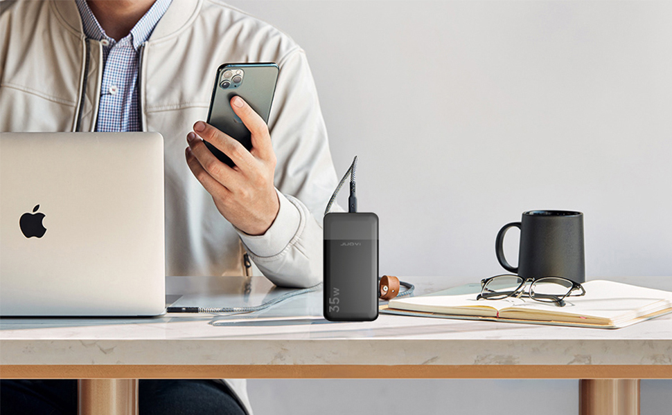 Power Bank JUOVI 10000 mAh рожевий: швидка зарядка PD 3.0, QC 4.0, 2x Type-C, USB-A для iPhone, MacBook, Galaxy