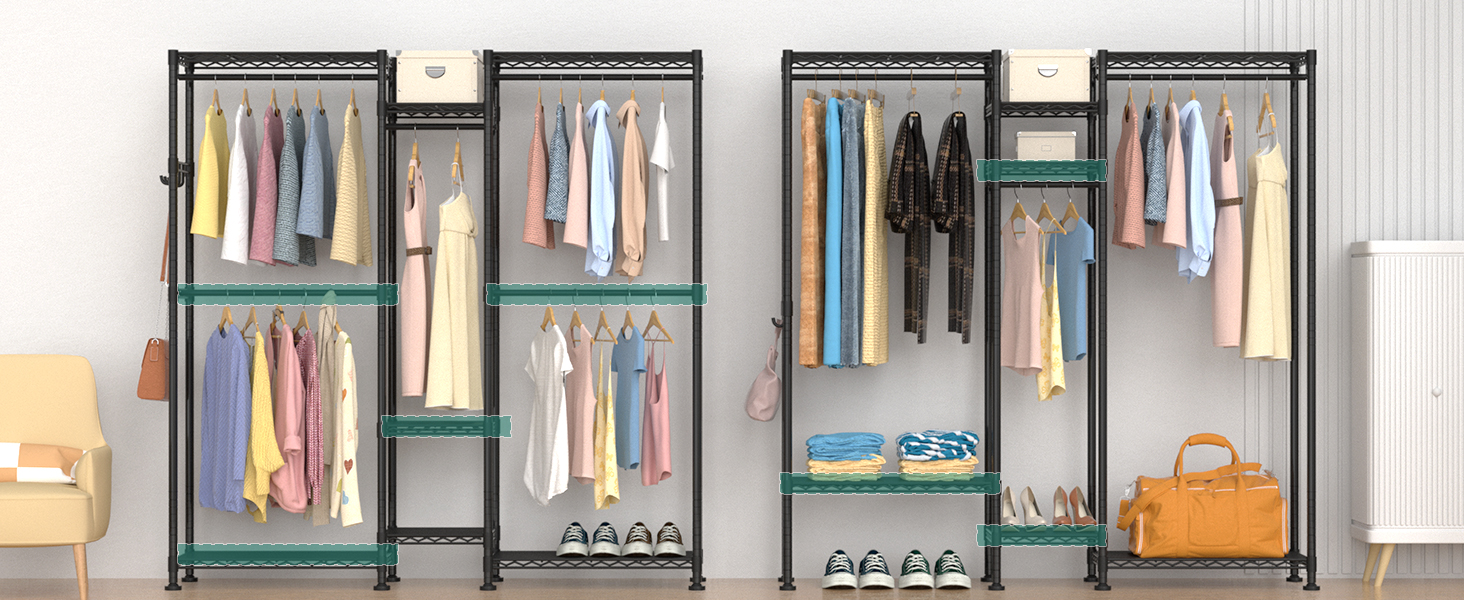 Clothes Rack, Clothes Rack, 4-Tier, Adjustable Closet Organizer System with Drawer | Double Rods | Side Hooks | Holds 445 lbs (L-shaped Clothes Rack for Corners)