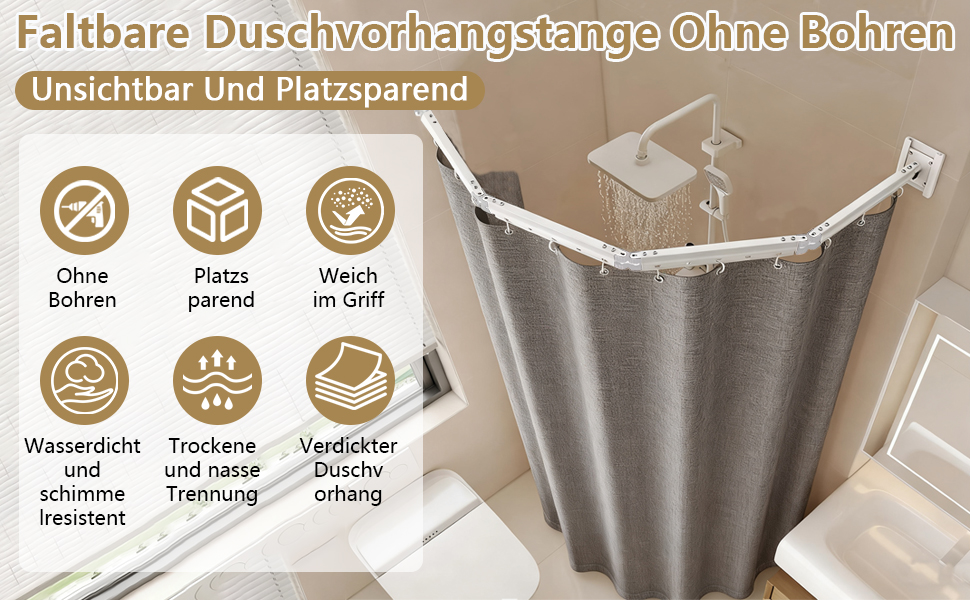 Шторка для душу з розсувною штангою без свердління, 4 секції, обертається, алюмінієвий сплав, водонепроникний антибактеріальний душ-завіса 180x200 см, для ванної кімнати та ванни (білий/сірий)