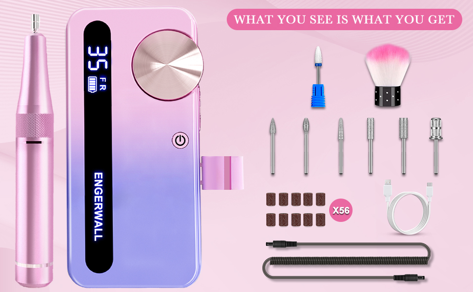Професійний фрезер для нігтів ENGERWALL 35000 об/хв, акумуляторний електричний фрезер для гелю та акрилу, бездротове манікюрне E-File набір з 7 насадками та 56 шліфувальними бандажами, темно-сріблястого кольору (портативний, акумуляторний - рожево-блакитний)