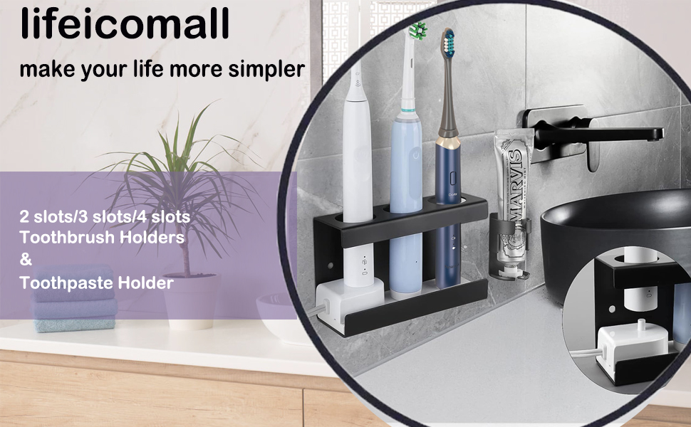 Настінний тримач для електричної зубної щітки з органайзером для пасти, 4 відділення, чорний