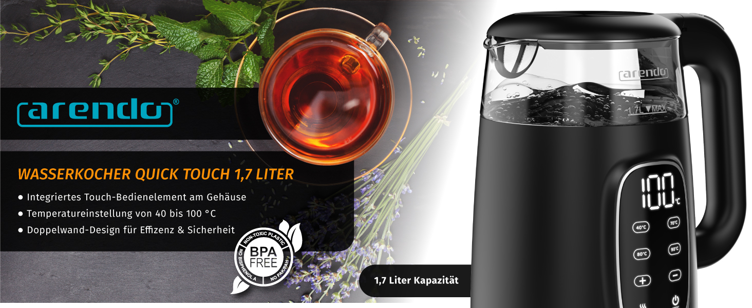 Електричний чайник Arendo зі скляною колбою, регулюванням температури, нержавіючою сталлю, подвійними стінками (Cool Touch), дисплеєм, бездротовим підключенням, 2200 Вт, 1,7 л, захистом від перегріву, функцією підтримання тепла, чорний