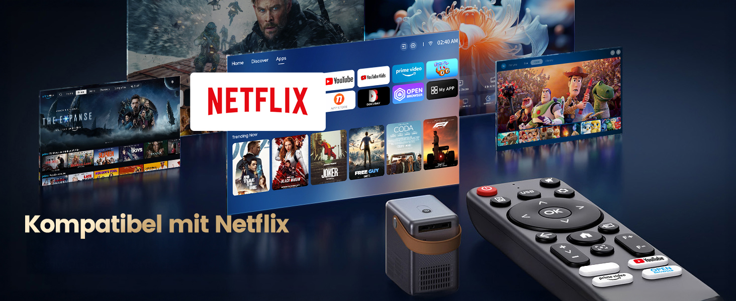 Mini проєктор Beamer 4K з WiFi 6, Dolby Audio та підтримкою Netflix | 1080P Full HD, інтегровані додатки, автоматичне фокусування, вертикальна корекція трапецеїдальних спотворень, короткофокусний, сріблясто-сірий