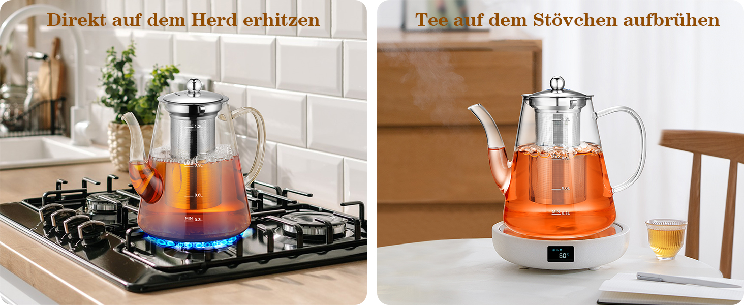 Скляний чайник із ситечком 1200 мл з боросилікатного скла з мірною шкалою для листового чаю та чайних квітів, подарунковий набір