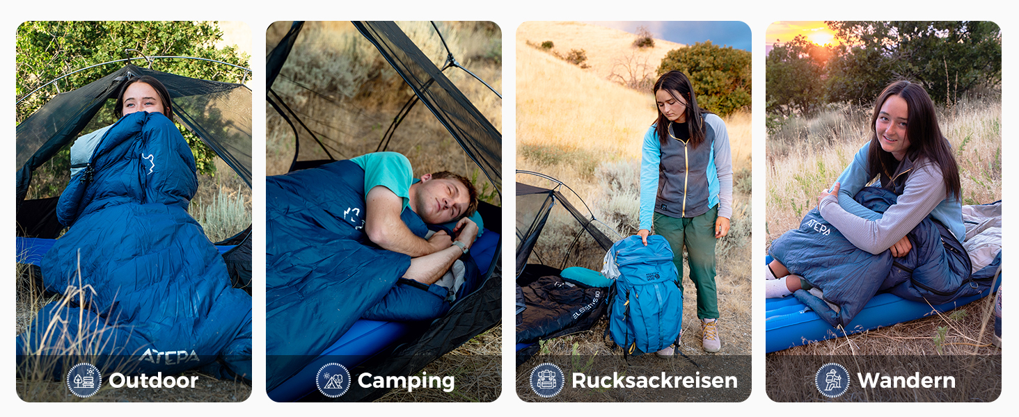 Спальний мішок ATEPA Elements Daunen 0°C, 3-в-1, ультралегкий, прямокутний, комфорт 4°C / ліміт -1°C, з компресійним мішком, для походів, кемпінгу та рюкзакових подорожей, Navy