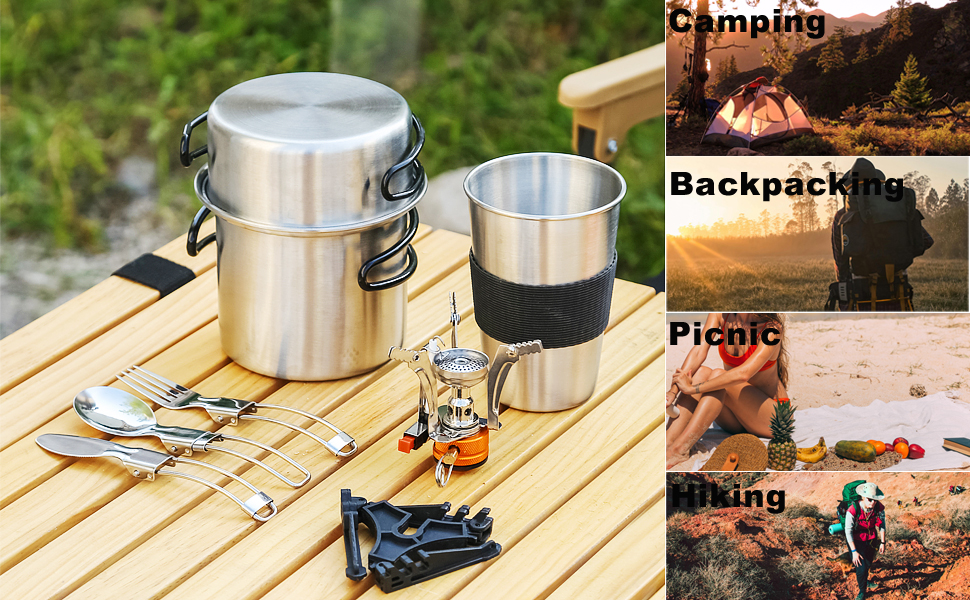 Набір кухонного посуду для кемпінгу з нержавіючої сталі, набір для приготування їжі в походах, міні-плита для кемпінгу, походів, пікніків та трекінгу