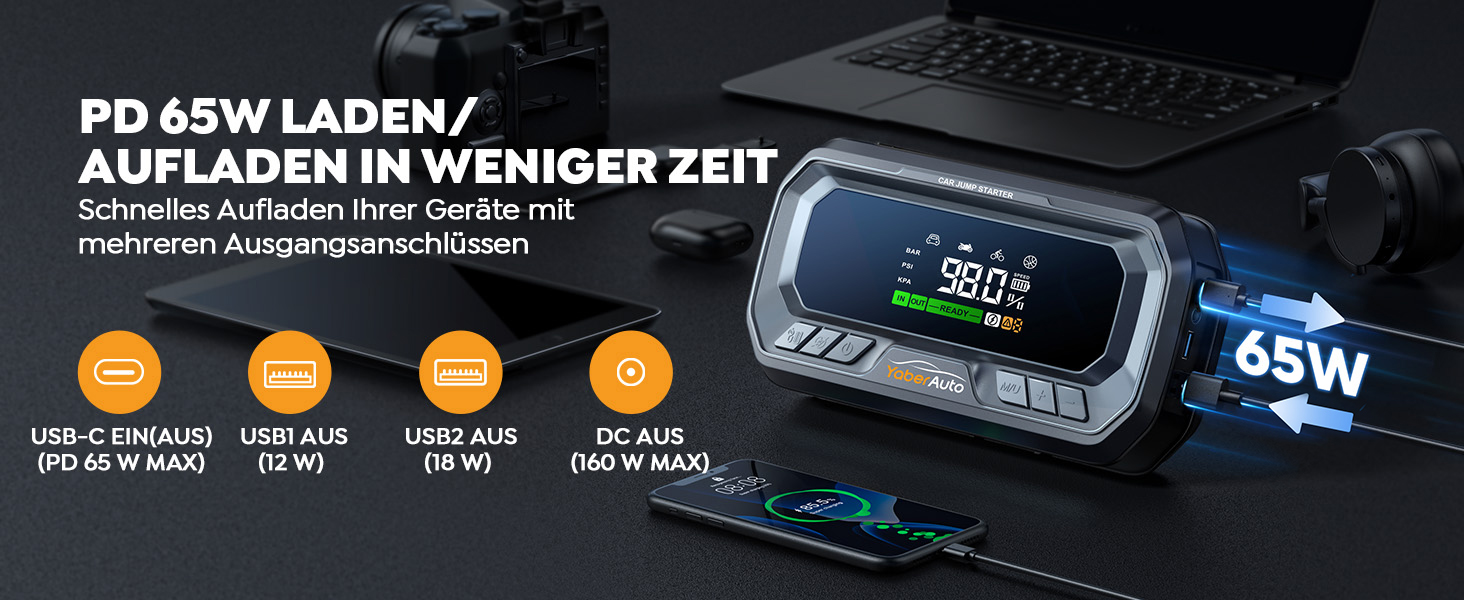 Powerbank YaberAuto для запуску двигуна з компресором, 160PSI, 6500A, PD 65W, 26800mAh. Запуск авто, 600 люмен, LCD екран