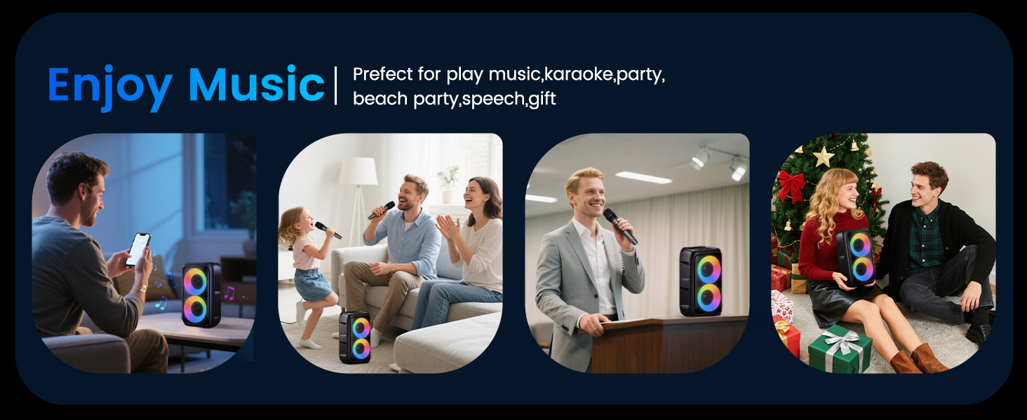 Караоке машина з 2 мікрофонами, портативна Bluetooth колонка з LED-підсвіткою, чорна