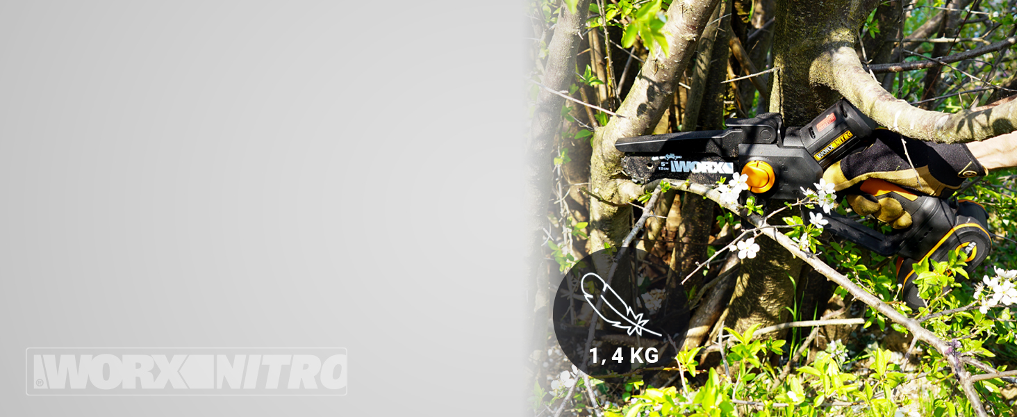 WORX WG325E Nitro Mini акумуляторна бензопила 20V, одноручна пила для гілок, Brushless двигун, 5650 об/хв, довжина різу 12 см, легка та компактна, автоматичне змащення ланцюга (з акумулятором 2Ah та зарядним пристроєм)