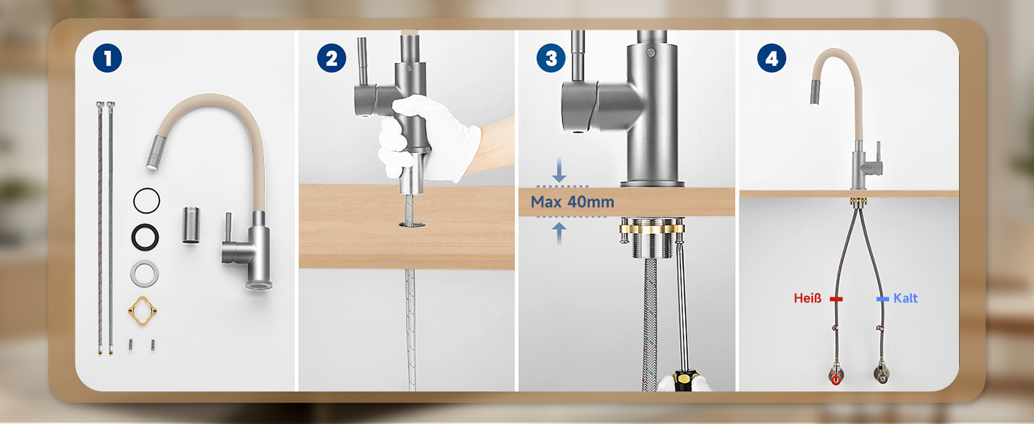 Кран кухонний з гнучким шлангом 360°, високий тиск, поворотний, нержавіюча сталь, бежевий
