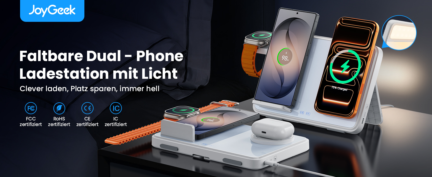 Бездротовий зарядний пристрій 4-в-1 для iPhone та Samsung: індуктивна станція з нічником, Apple Watch, AirPods, адаптер PD 30W, білий