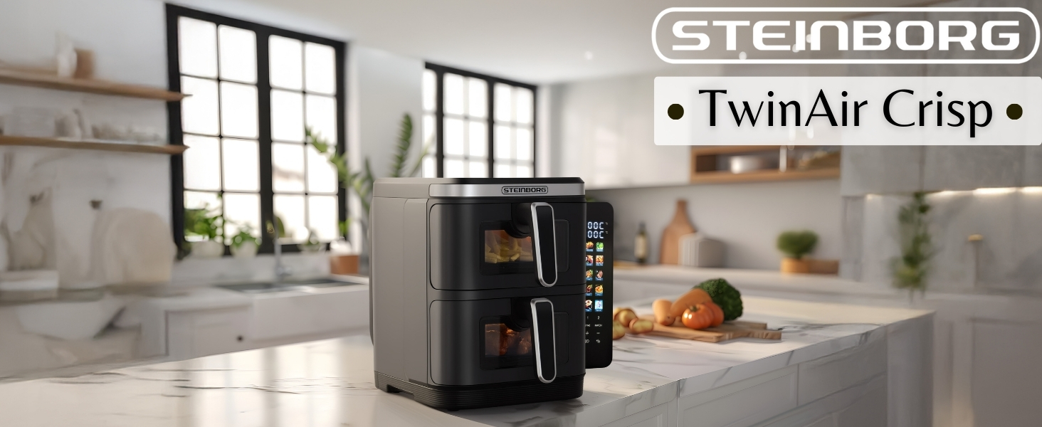 Фритюрниця Steinborg® з подвійною камерою, 11 літрів, фритюрниця без олії, гриль, духовка, сушка, 2 вертикальні шухляди (5,5л+5,5л)