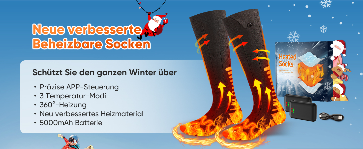 Гріючі шкарпетки з керуванням через додаток, 5000mAh, 5V, 3 режими нагріву, 360° нагрів, для жінок та чоловіків, для катання на лижах та полювання, середнього розміру