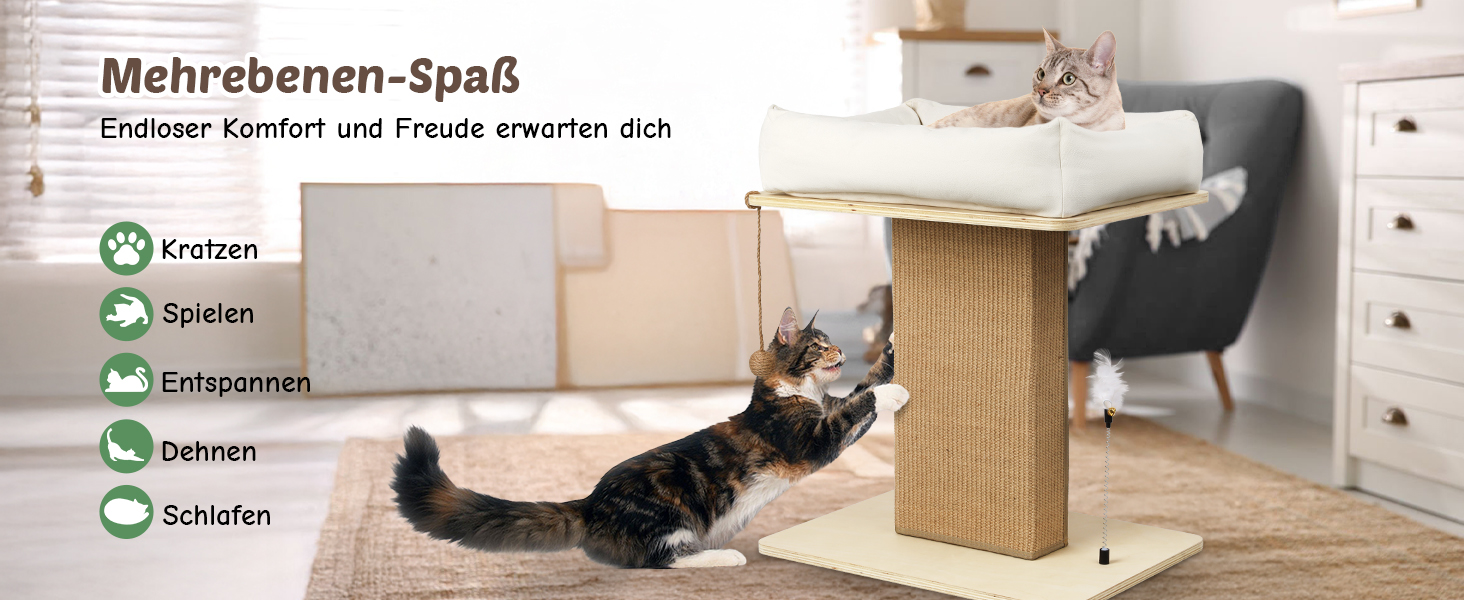 Котячий будиночок з дряпалкою Luxus: широка колона з берези, міцний, до 25 кг, сизаль, велике ліжко з подушкою з органічної льону, легко збирається, бежевий колір