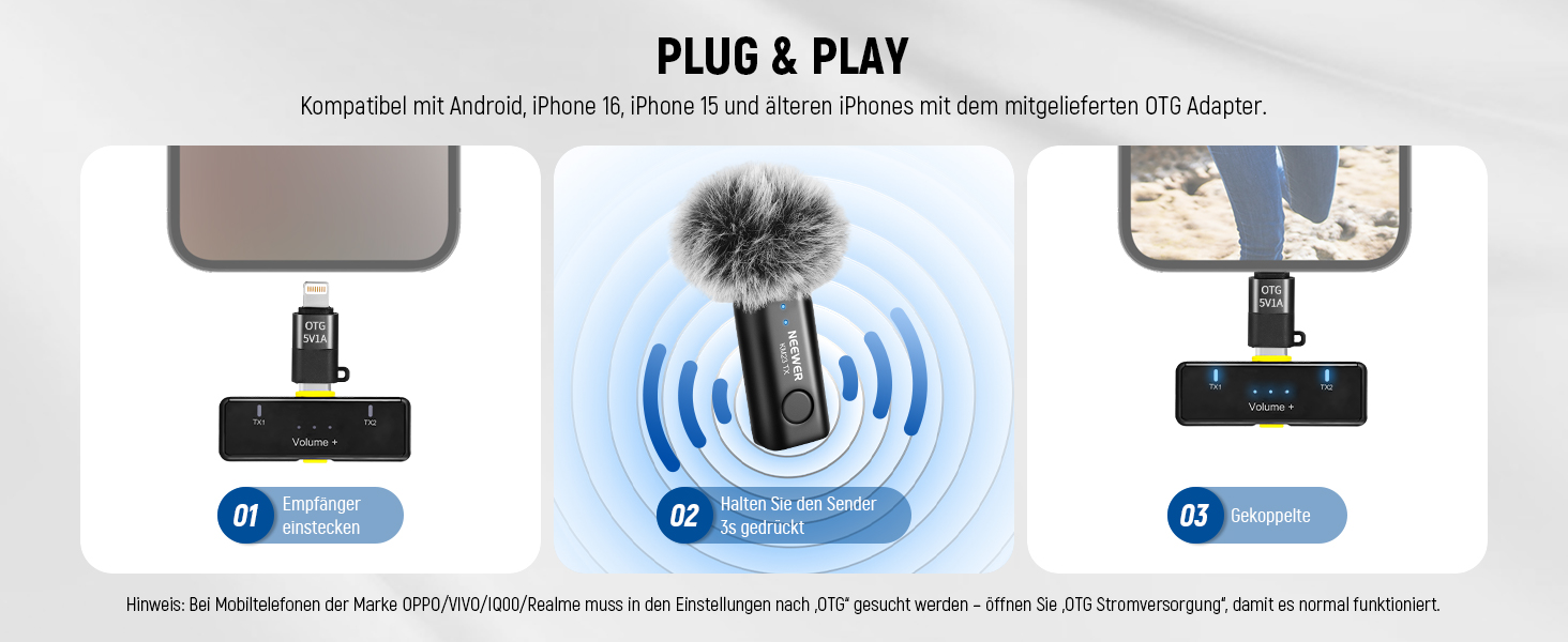 NEEWER Бездротовий петличний мікрофон KM23: 48kHz/24Bit, 8 годин роботи, шумозаглушення, USB-C, сумісний з DJI, Insta360, iPhone, Android, PC