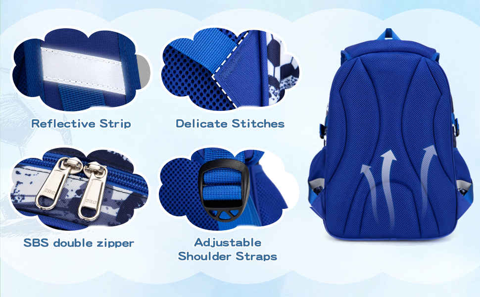 Дитячий рюкзак Cusangel для дівчаток та хлопчиків, ергономічний, регульований, водостійкий, з нагрудним ременем (синій, з футбольною тематикою)
