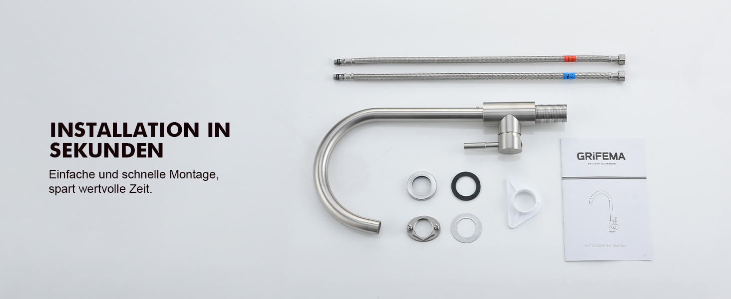 Змішувач кухонний GRIFEMA з високим вигином, поворотний 360°, з двома струменями, з нержавіючої сталі, сірий, енергоклас A+ (без душа)