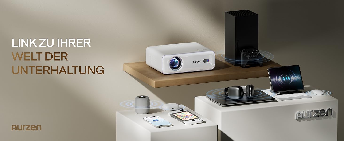 Aurzen Eazze D1 Smart Beamer: 4K проєктор для дому, Wi-Fi, Bluetooth, Netflix, Dolby Audio, автофокус, корекція трапеції, Mini проєктор, білий