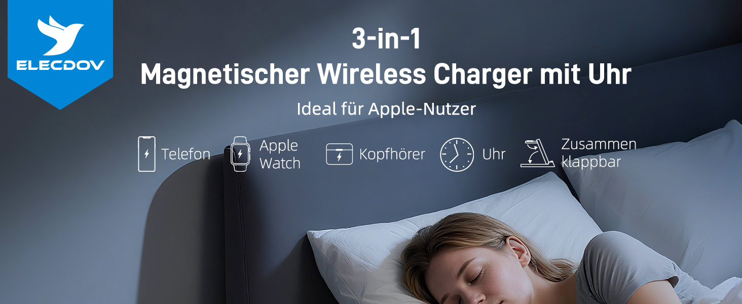 Зарядна станція 3-в-1 бездротова для iPhone, Apple Watch, AirPods, з годинником, для подорожей