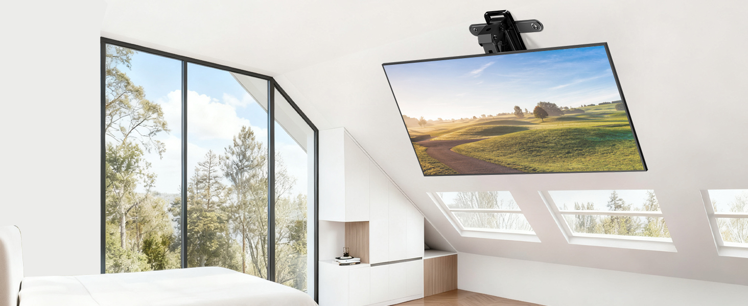 Електричний стельовий кронштейн для телевізора 37-75 дюймів, чорний - похилий, з пультом ДУ, до 45 кг