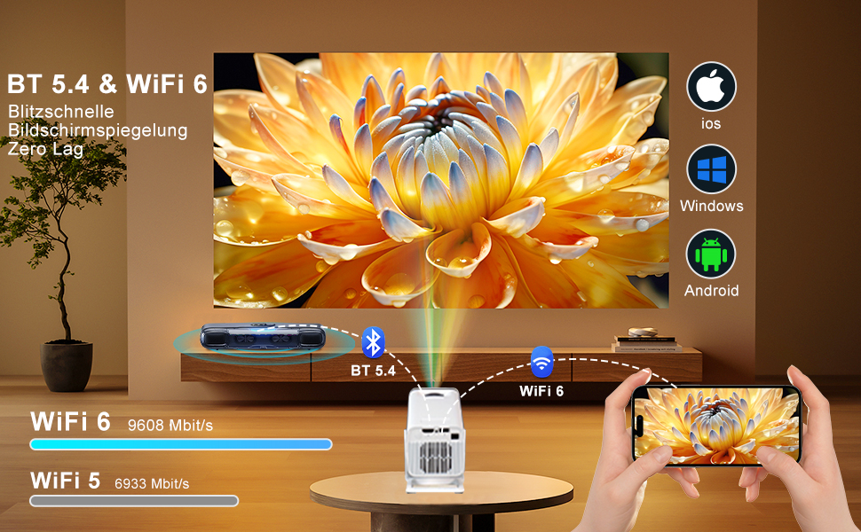 Портативний проєктор ZDSSY Beamer 4K з Wi-Fi 6 та Bluetooth 5.4: міні проєктор для домашнього кіно, автоматичне коригування та ручне фокусування, сумісний з PC/TV Stick/USB/PS5 (білий)