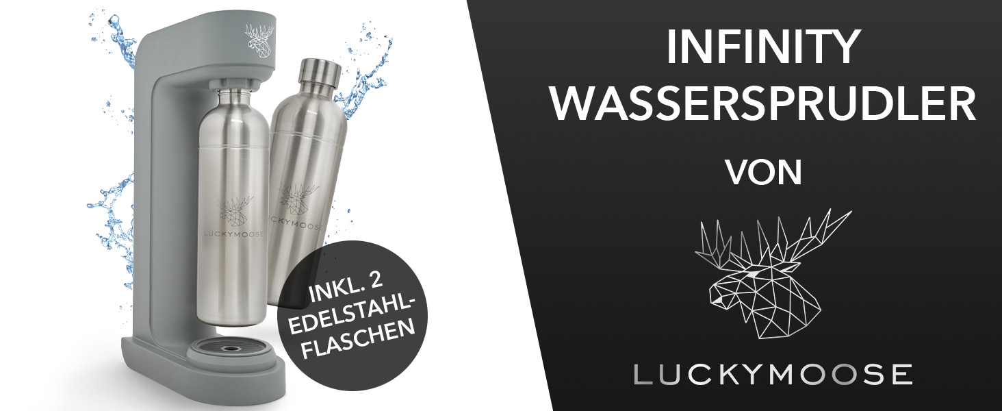 Luckymoose Infinity: Газована вода з 2 пляшками з нержавіючої сталі 1.25л - Економний апарат для газування води, сумісний з CO₂ балонами 60л (Сірий - 2x Срібло)