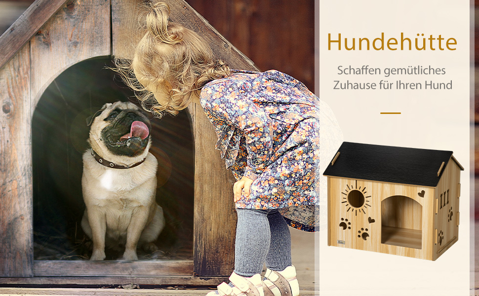 PawHut Wooden Dog House - Indoor Pet Shelter with Ventilation - MDF Oak & Black - 69x50x58.5 cm