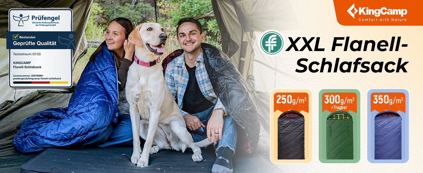 Сплячий мішок KingCamp XXL з бавовни фланелі для дорослих, великого розміру, теплий, зимовий, для кемпінгу, подорожей та активностей на відкритому повітрі, 4-сезонний, 220x100 см, класичний чорний