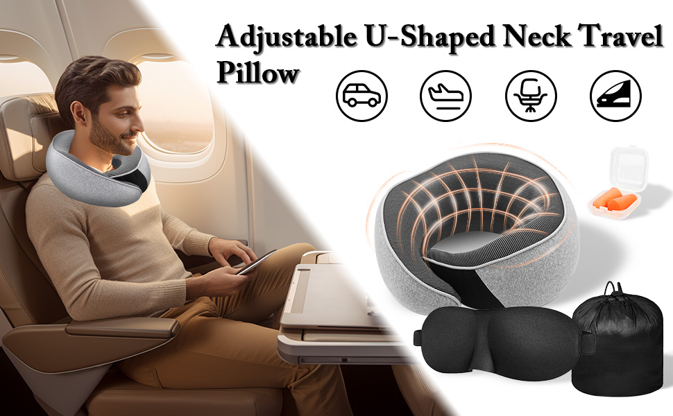 Подушка для шиї у літак, Memory Foam, регульована, з навушниками та маскою для сну, для подорожей