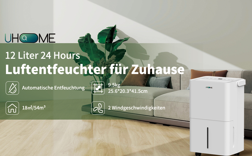 Електричний осушувач повітря Uhome 12L - 54м³, автоматичне вимкнення, сенсор вологості, режим сушіння білизни, фільтр з активованим вугіллям