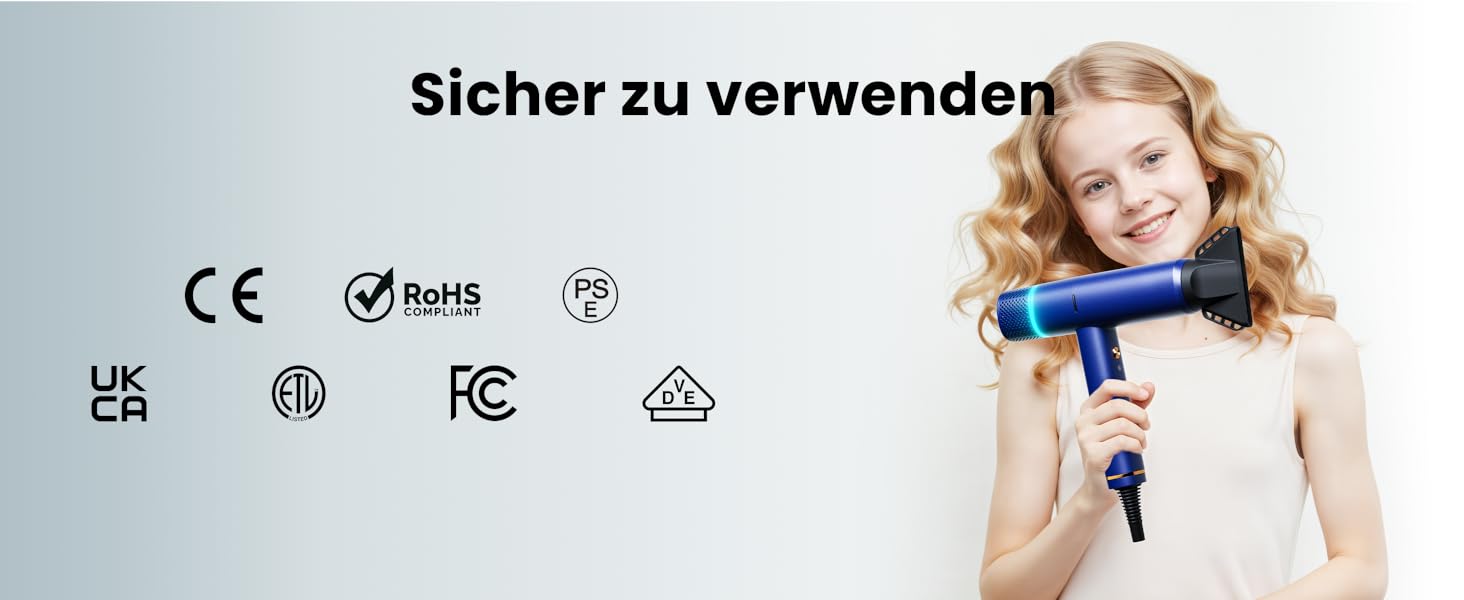 Іонізатор для волосся Föhn: Швидкий фен з дифузором для жінок та чоловіків, 3 режими, 2 швидкості, чорний (блакитний)