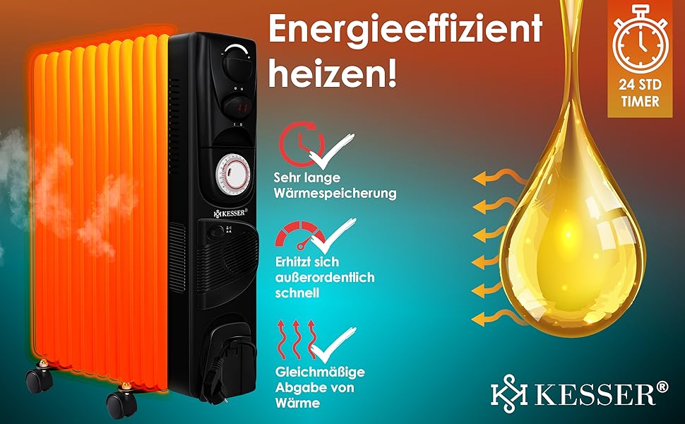 Електричний масляний радіатор KESSER® 2500W з вентилятором, 11 ребер, таймер, термостат, захист від перегріву, білий/чорний