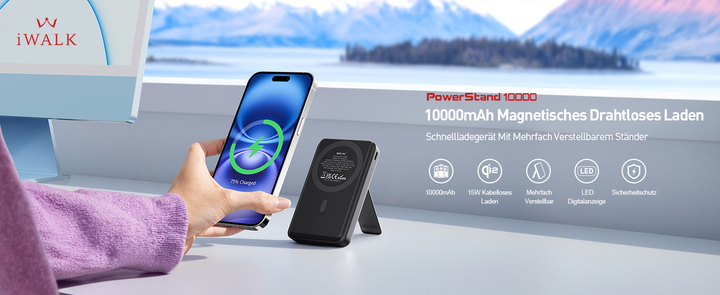 Магнітний бездротовий павербанк iWALK 10000mAh 15W Qi2, портативний зарядний пристрій зі стійкою та LED-дисплеєм для iPhone 16/15/14/13/12 Pro Max/Plus/Mini, чорний