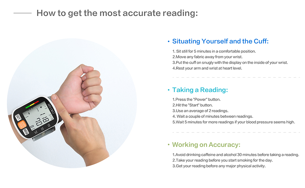 Автоматичний тонометр на зап'ясті: регульована манжета + 2 батарейки AAA та сумка для зберігання – детектування нерегулярного серцевого ритму, пам'ять на 99 вимірювань, великий LCD-дисплей, білий/синій (чорний)