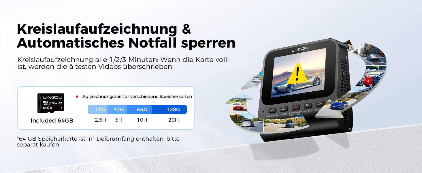 Відеореєстратор для авто Dashcam Auto Vorne Hinten 4K + 1080P з двома камерами, IPS-екран 2.4', SD 64GB, запис голосом, паркувальний режим, покращена нічна зйомка, WDR