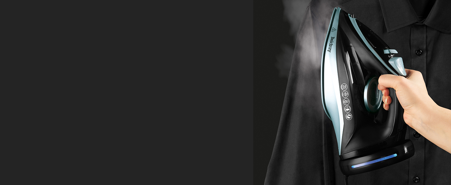 Праска Beldray 2600 Вт – керамічна підошва з антипригарним покриттям, регулювання температури та пари, самоочищення, резервуар 280 мл, до 140 г/хв, висока потужність (EU-штепсель, блакитний)