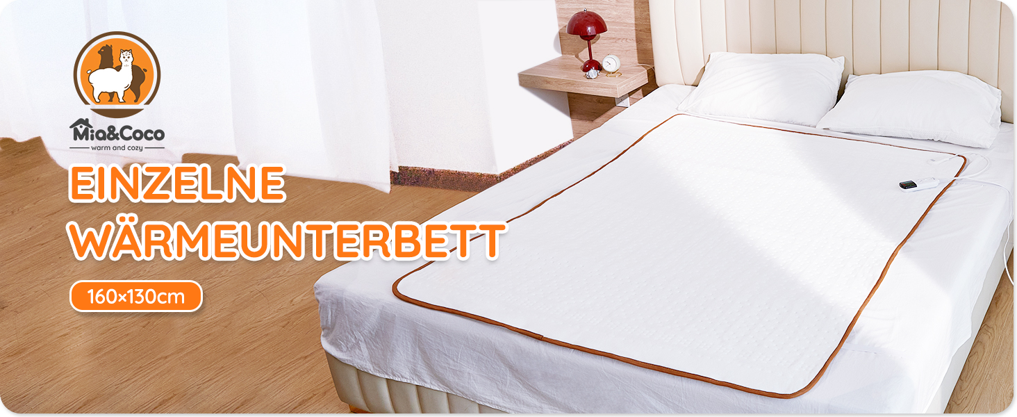 Електрична ковдра Mia&Coco з автовимкненням, 160x130 см, з таймером 12 годин, 3 режими нагріву, LED-дисплей, захист від перегріву, для стандартних матраців, машинне прання, білий колір