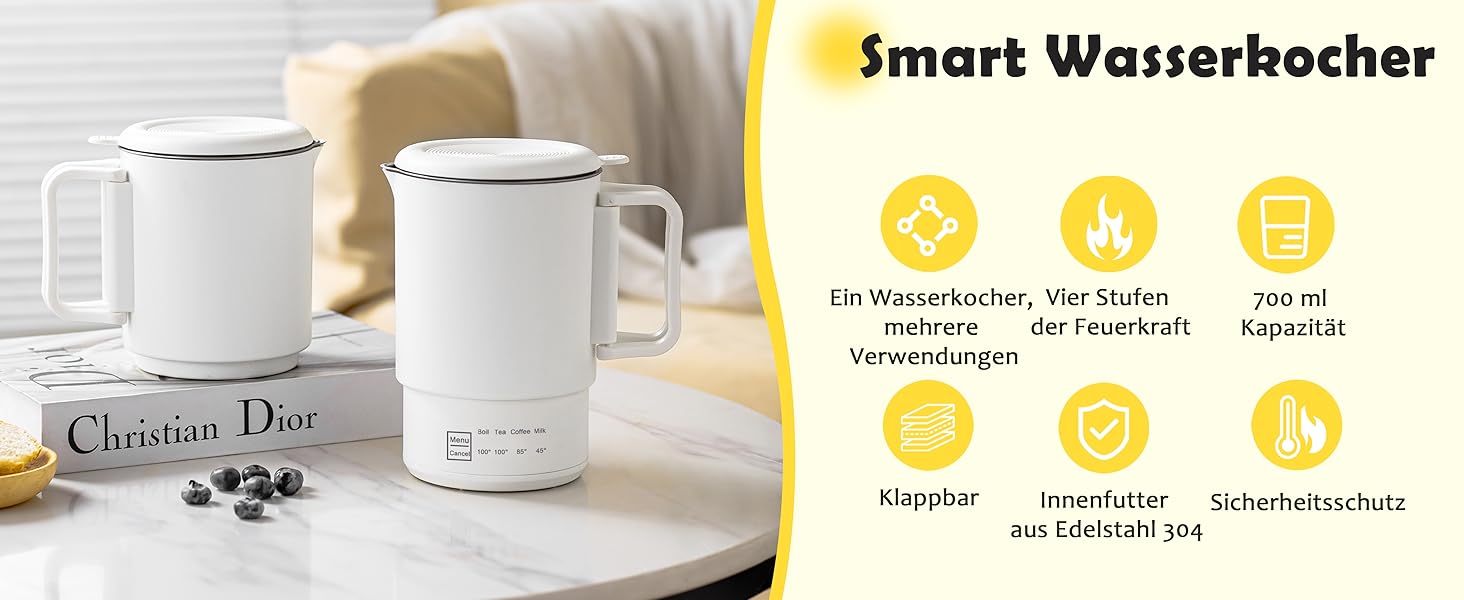 Електричний чайник 0.9л з нержавіючої сталі 304, 1360W, швидке кип'ятіння за 4-6 хв, класичний компактний дизайн, кнопка 1 натискання, автоматичне вимкнення та захист від перегріву, для дому, офісу та приготування кави (кремовий)