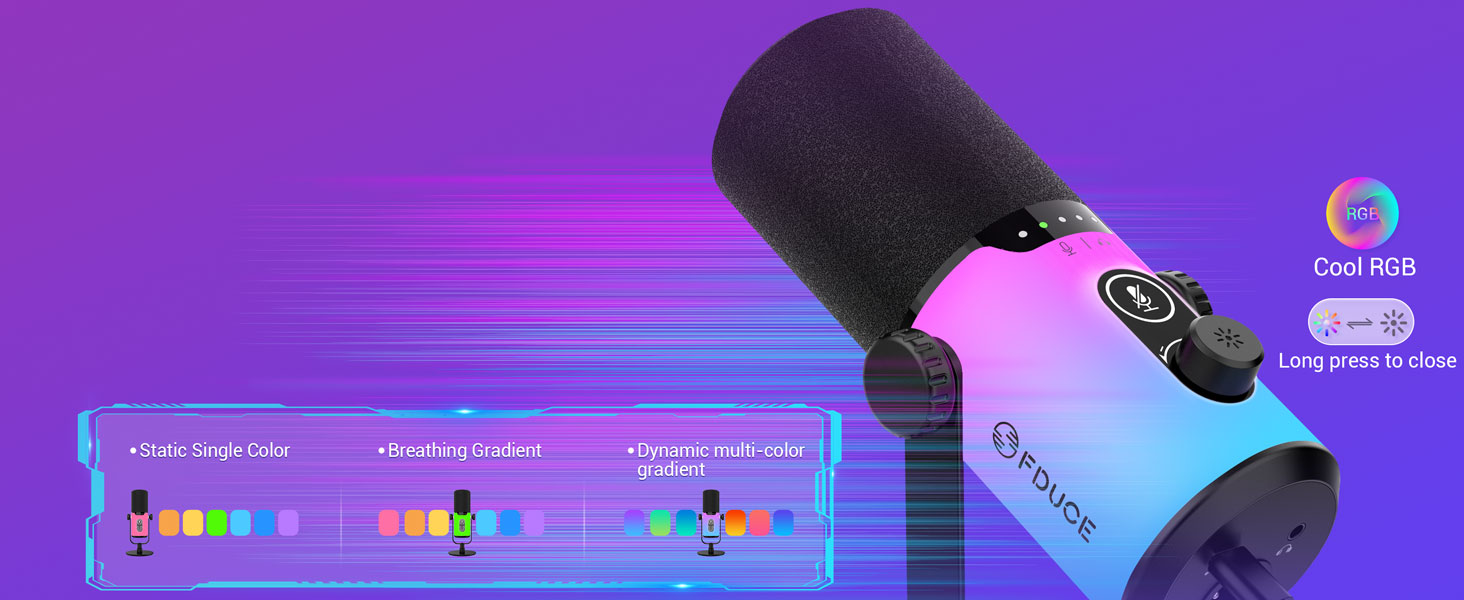 Ігровий мікрофон FDUCE з USB/XLR підключенням, RGB-підсвічуванням та регулятором посилення для стрімінгу, запису подкастів та співу