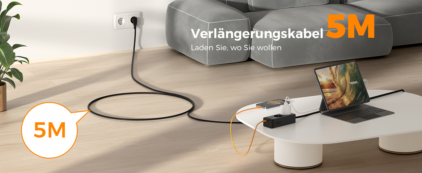 TESSAN Розподільник розеток USB-C 30W з GaN, 2 розетки, кабель 2м, захист від перенапруги 3600W, для офісу (5м, чорний)