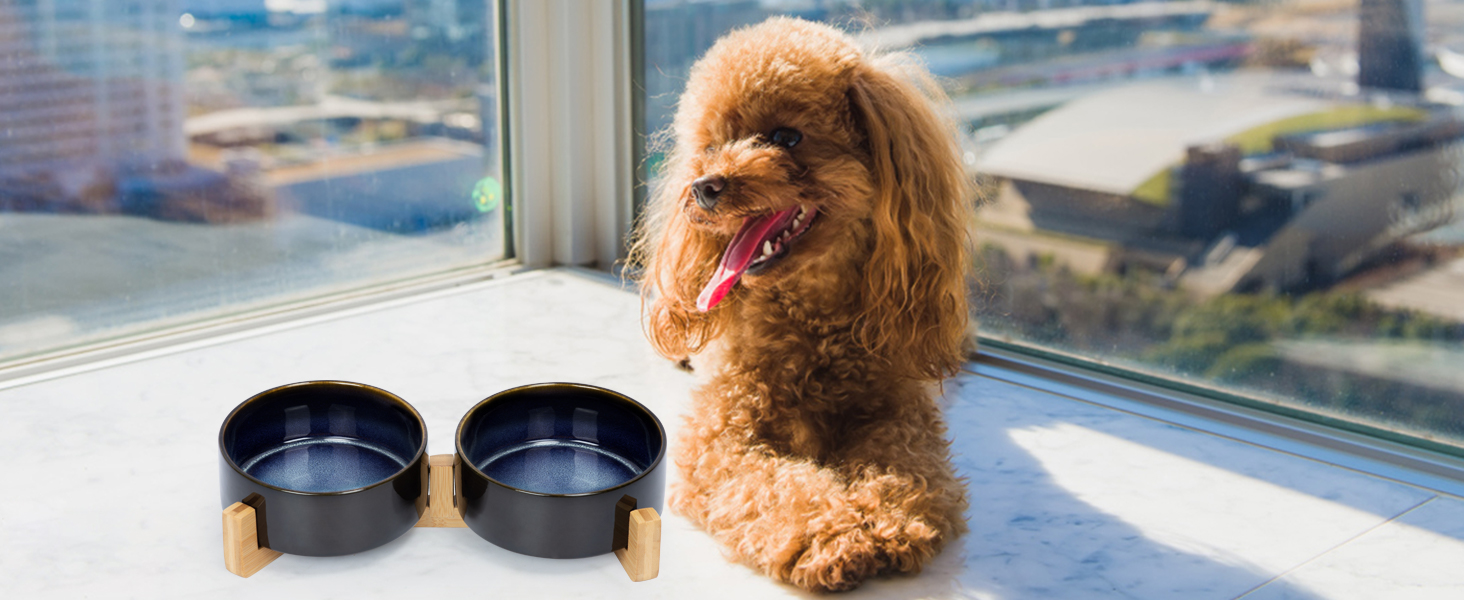 Миска для собак та котів SPUNKYJUNKY з кераміки, велика, 850 мл, піднята на бамбуковому стійці, колір «Зоряне небо»