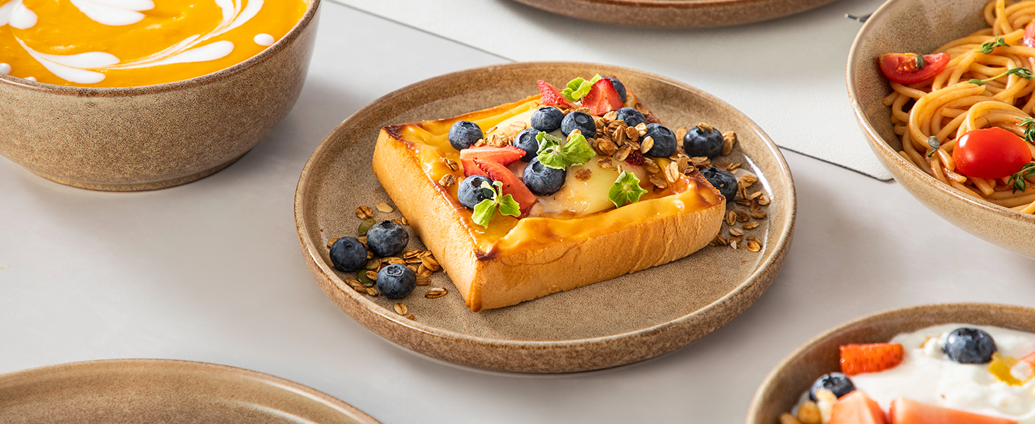 Набір посуду Steingut vancasso ANYA (48 предметів) - 48-місний сервіз з тарілок, десертних тарілок та мисок, карамелевого кольору, сумісний з мийкою та мікрохвильовою піччю