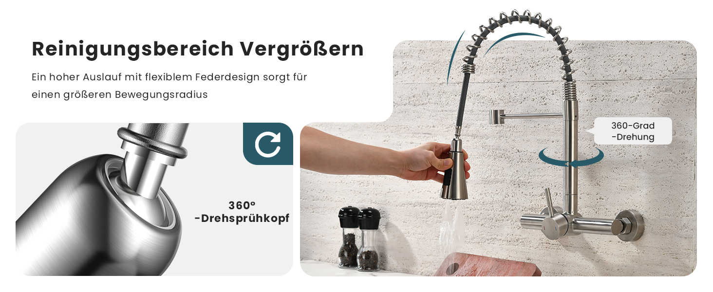 Змішувач кухонний настінний DAYONE з висувною лійкою, нержавіюча сталь, 3 режими, 360° обертання, відстань між отворами 15 см, матовий