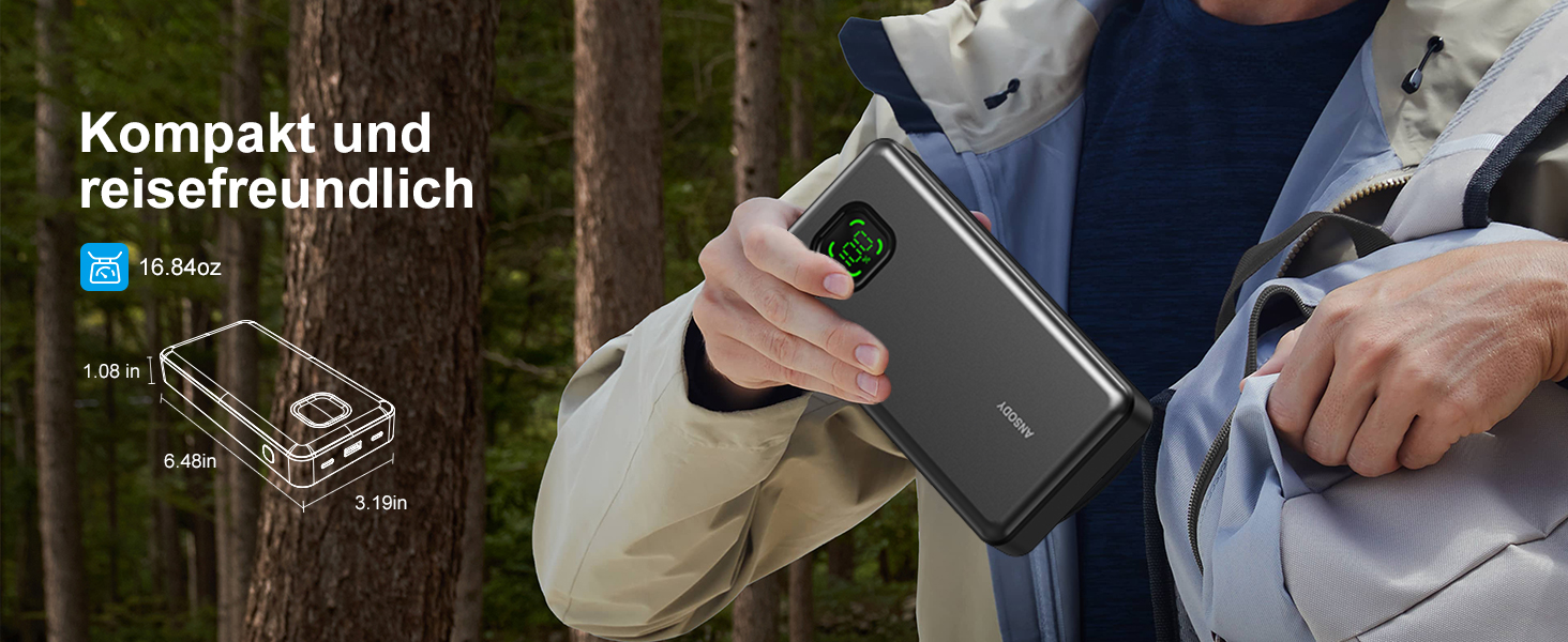 Power Bank 65W 25000mAh Klein Aber Stark для ноутбука та iPhone/iPad: портативний акумулятор з LED дисплеєм, USB-C, сірий