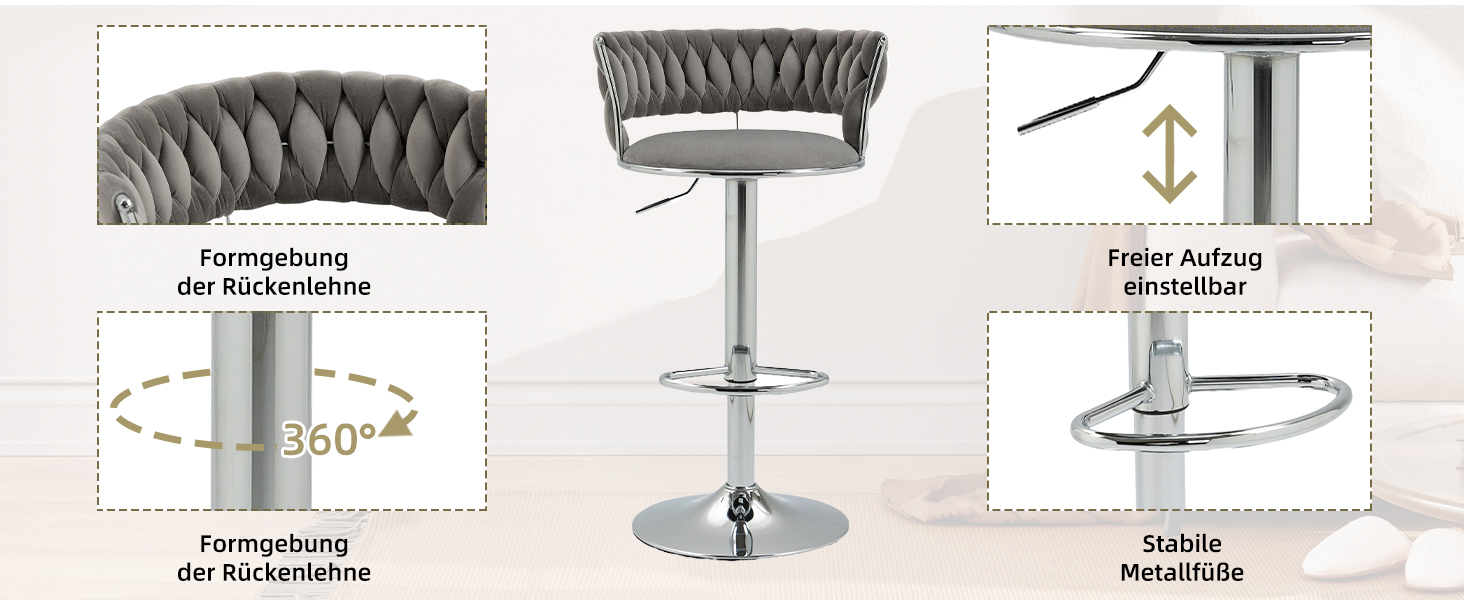 Adjustable Velvet Bar Stools 2-Pack with Backrest & Armrests - Ergonomic Swivel Bar Stools with Handwoven Velvet & Gold Legs for Kitchen Island, Bar, Restaurant - Includes Footrest (Silver, Grey)
