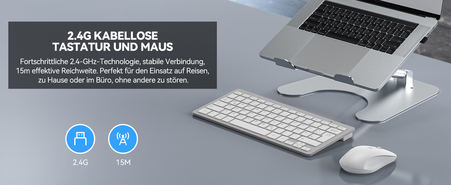 Бездротова клавіатура та миша TECKNET QWERTZ, 2.4 GHz, 15м, тиха, для ПК, ноутбука, Smart TV, білий/сріблястий