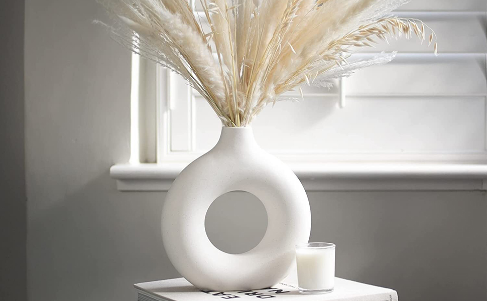Ceramic Vase Set for Pampas Grass - 2pcs (Large & Medium), Modern Matte Donut Vases for Home Decor, Flowers, Table, Shelf, Fireplace, Living Room, Bedroom, Office, Wedding, Party, Gift - White