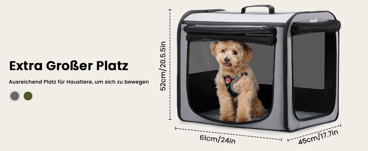 Транспортна переноска для собак Pecute, 61 x 52 x 45 см, сіра. Зручна, складана, з вентиляцією та ролетним віконцем. Ідеально для подорожей автомобілем.